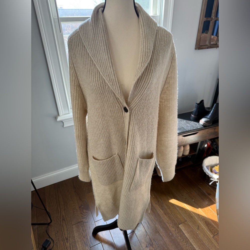 Evereve Cream Shawl-Collar Long Soft Cozy  Knit Cardigan